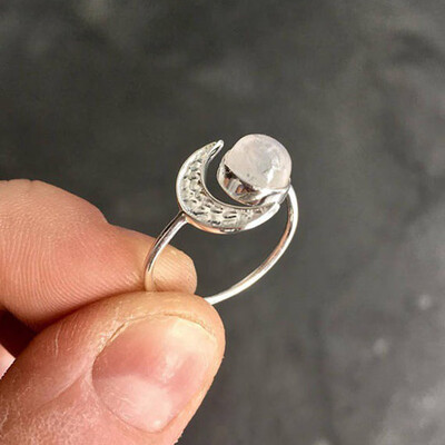 

2 Type Adjustable 925 Sterling Silver White Moonstone Sun&Moon Diamond Ring Leaf Crystal Diamond Ring