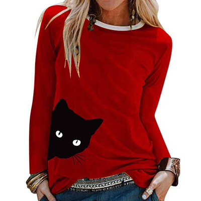 

Women Fashion Pure Color Cat Printed Shirts Casual Round Neck Graphic Tee Blouse Pullover Tops
