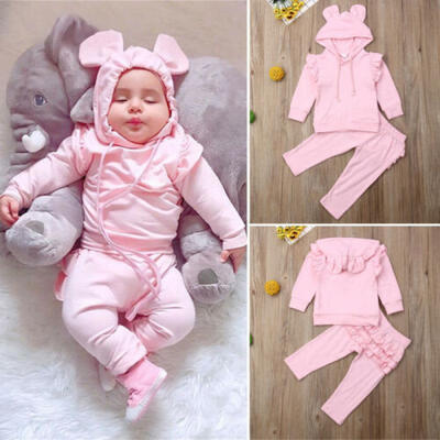 

US 0-24 Months Baby Girl Outfit Solid Color Hooded Shirt Pants Trousers Clothes
