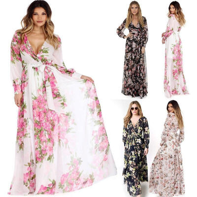 

Women&39s Summer Boho Long Sleeve Maxi Dress Evening Cocktail Party Beach Sundress