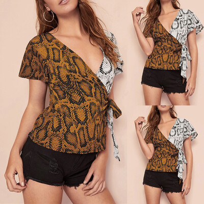 

Nomeni Womens O-Neck Serpentine Printing Splicing Short Sleeve T-shirt Blouse Tops