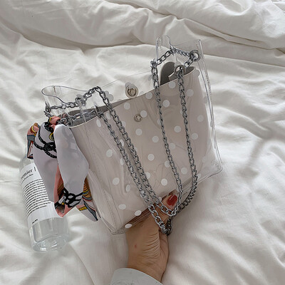 

Jelly transparent small bag chic summer fresh womens bag new 2019 silk scarf bucket bag chain bag oblique satchel bag