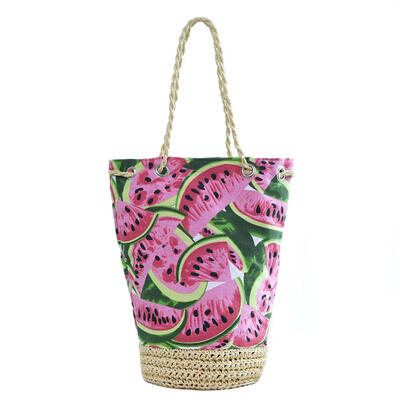 

Folk Women Watermelon Print Bucket Handbag Beach Canvas Straw Shoulder Bag