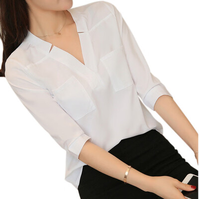 

Office Pocket Women Shirt V Neck Blouse Casual New Fashion White Slim Blouse 3 4Sleeve Tops Women Thin Blusa Large Size 2XL