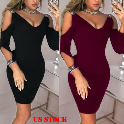 

Elegant Fashion Womens Sexy Cold Shoulder Dress Evening Party Bodycon Dress USA
