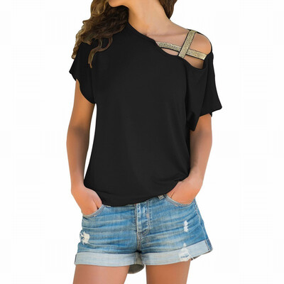 

Solid color oblique collar short sleeve hollow cross casual slimming shirt