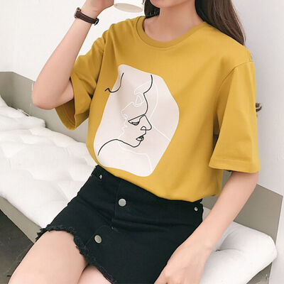 

Girls T-Shirt Round Neck Collar Loose Solid Color Printed Short-Sleeved Clothing Casual Harajuku Style Wild Tops
