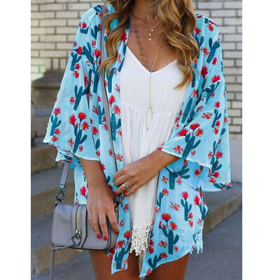

Women Floral Print Chiffon Loose Shawl Kimono Cardigan Top Cover up Shirt Blouse
