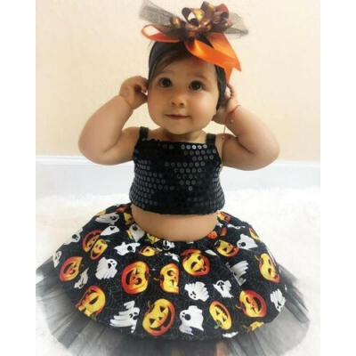 

US Baby Girl Halloween Outfit Pumpkin Sequin Top Tutu Skirt Dress Cake Smash Set