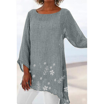 

Roseonmyhand Plus Size Fashion Women Casual Long Sleeve O-Neck Print Irregular Beach Blouse