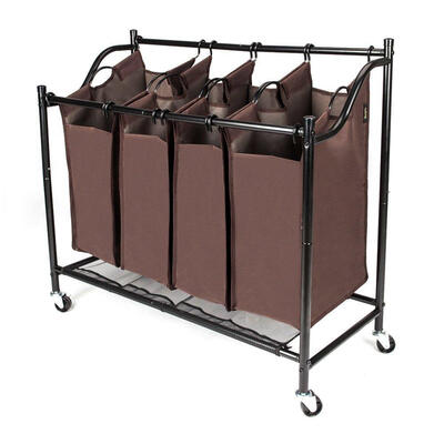 

Rolling Laundry Hamper Sorter Stand 4 Bag Heavy Duty Cloth Organizer Cart Brown