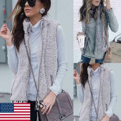 

Womens Fashion Flannel Vest Warm Outwear Casual Faux Fur Zip Up Sherpa Jacket