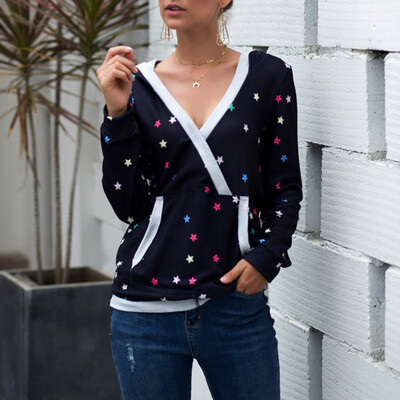 

Autumn New Hooded Stars Sexy Deep V-neck Print Pocket Hooded Sweatshirt