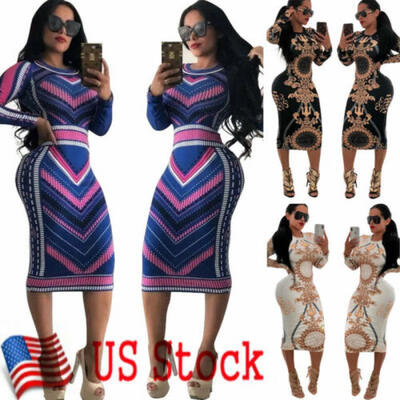

US STOCK Sexy Women Bandage Bodycon Evening Party Cocktail Printed Midi Dress