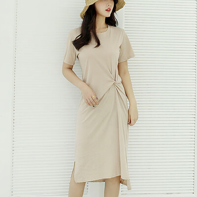 

Fashion Simple Casual Solid Color Womens Dress Slim Plus Size Short Sleeve Round Neck Split Dress