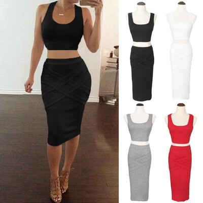 

Sexy Women Two Piece Set Cross Strap Ornament O Neck Sleeveless Crop Top Stretch High Waist Midi Skirt Bandage Dress
