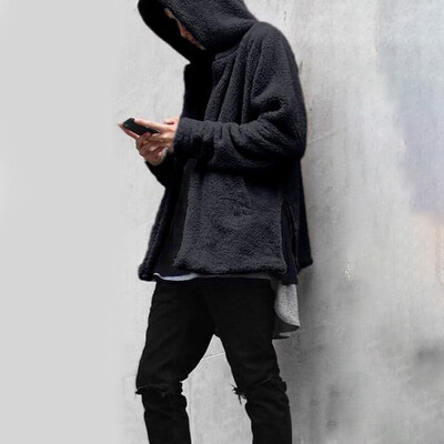 

Men Solid Warm Hooded Open Front Plus Size Autumn Winter Fluffy Cardigan Coats