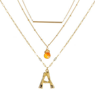 

Small Orange stone Gold Metal Bamboo 2cm 26 Letter Alphabet A-Z Minimalist Initial Pendant Necklace Fashion Twist Chain Jewelry