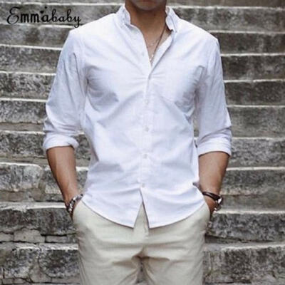 

Mens Linen Long Sleeve Shirt Summer Cool Loose Casual Shirts V-Neck Tops