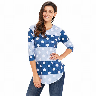 

Round neck seven-point sleeve wave point blue strip shirt retro straight top