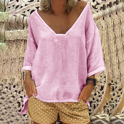 

Women V Neck Boho Beach Cover Tops Ladies Sunscreen Hippie Baggy Blouse T-Shirt