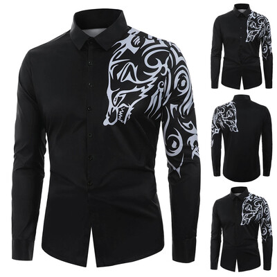 

Toponeto Men Casual Novelty Pattern Print Long Sleeves Turn-down Collar Shirt Top Blouse