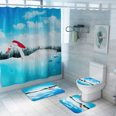 

〖Follure〗Santa Christmas Print Toilet Bathroom Mat And Shower Curtain Four-Piece Set