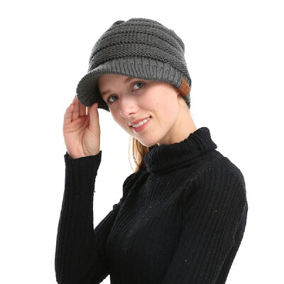 

Winter Women Girl Soft Warm Knitted Thicken Hat Ponytail Beanie Caps with Visor Outdoor Snow Ski Sports Cap