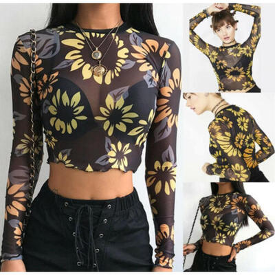 

Women Summer Long Sleeve Tops Mesh Shieer Floral Crop Top Shirt Blouse Clubwear