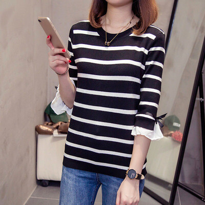 

Striped Pattern T-shirt Fashion Novel Flare Sleeve Womens T-shirt
