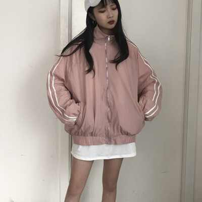 

Patchwork Solid Striped Women Windbreaker zipped Long Sleeve Jacket High Neck Spring Autumn Women Athleisure Coats
