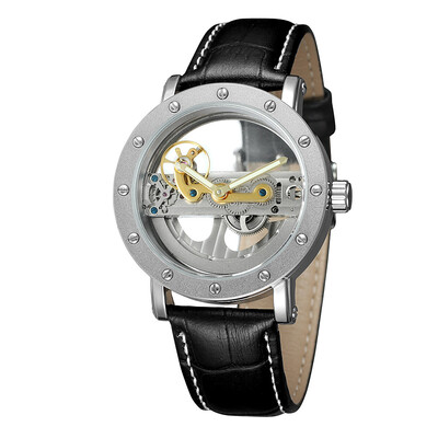 

FORSINING high-grade waterproof leather steel belt double through hollow automatic mechanical watch mens watch