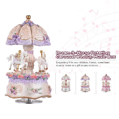 

Luxury Dream 3-Horse Rotating Carousel Merry-go-round Windup Music Box with Colorful Color Change LED Luminous Light Melody of Cas