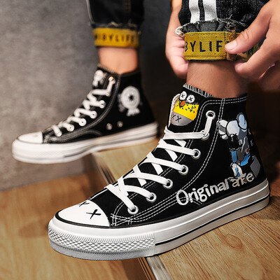 

Mens shoes autumn Joker casual high canvas board shoes Korean fashion hand-painted Gao Bang tide shoes