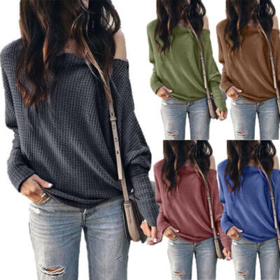 

Women Solid Loose Long Sleeve Casual Blouse Shirt Tops Off Shoulder T-Shirts New