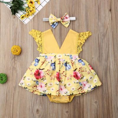 

US Summer Baby Girls Sleeveless Romper Jumpsuit Headband Floral Clothes Outfits