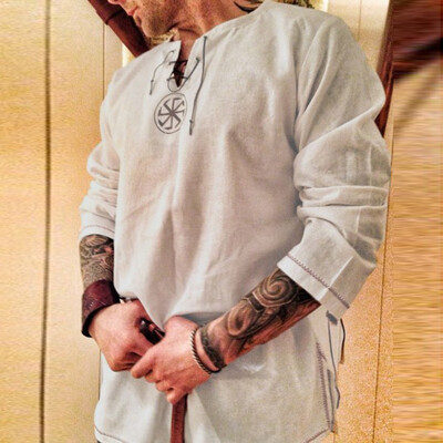 

Mens Tops Loose Cotton Shirt Casual Long Sleeve Solid Color Lace Up T-Shirts