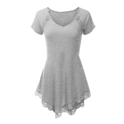 

Starmoon Womens V-neck Solid Color Lace Stitching Irregular Short-Sleeved T-shirt Top