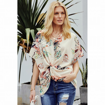 

Bohemian printed shirt Womens V-neck loose knotted shirt