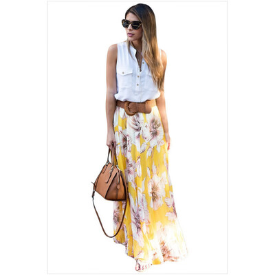 

Multicolor elastic band pants tulip watercolor chiffon print long skirt 65039