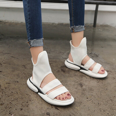 

Korean version fish-billed shoes open-toed sandals women summer flat-soled knitted elastic Roman thick-soled sandals