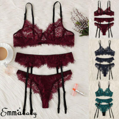 

Lingerie Set Bra Sets 3Pcs Women Sexy Lace Bra High Waist Garter Belts G-Strings
