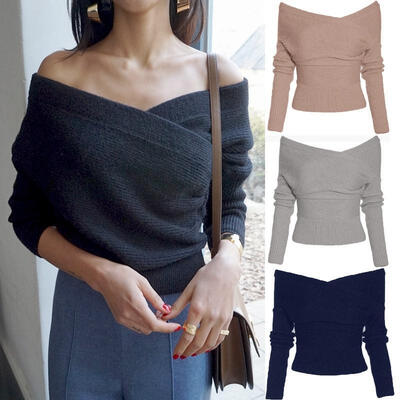 

Women&39s Cross Off shoulder Knitted Sweater Oversized Long Sleeve Loose Jumper Tops Knitwear