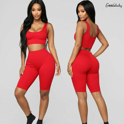 

Womens Two Pieces Outfit Sexy Sleeveless Crop Tank Top Bodycon Shorts Pant Sets