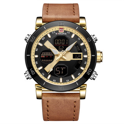 

NAVIFORCE Men Quartz Fashion Casual Sports Wristwatch Dual Time Analog Digital Display Watch 3ATM Water Resistant Leather Strap Ba