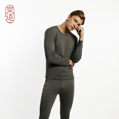 

JZAO mens thermal underwear wool thickening autumn clothes long pants warm set dark gray round neck M code