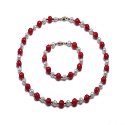 

YIAILI 7mm Pearl Coral Necklace Bracelet Simple Fashion 8087