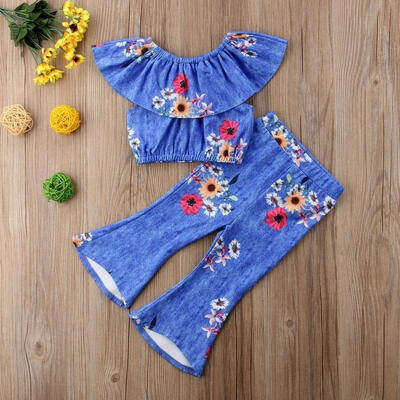 

Floral Outfits Kid Baby Girl Lotus Collar TopsFlared Pants Bell Bottom