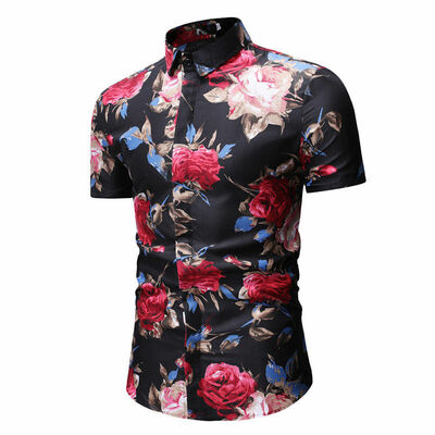

Mens Short Sleeve Shirt Business Dress Shirt Fomal Tops Flower Blouse T-shirt