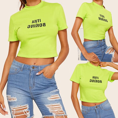 

Starmoon Women Fashion Blouse Short Sleeve O-Neck Tops Letter Print Neon Lime Crop Tee